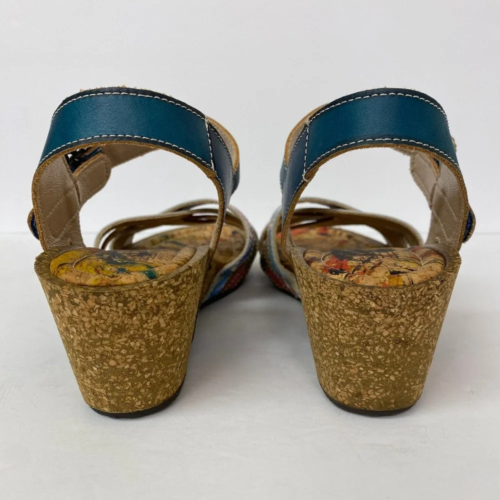 NEW, L'Artiste Spring Step, Audrie Blum Floral Leather Cork Wedge Sandal Size 39